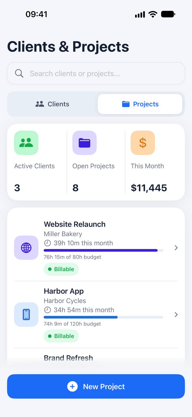 Clients and projects screen