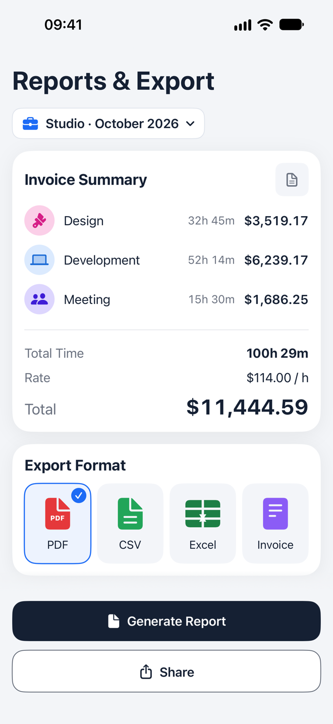 Reports screen with totals per client